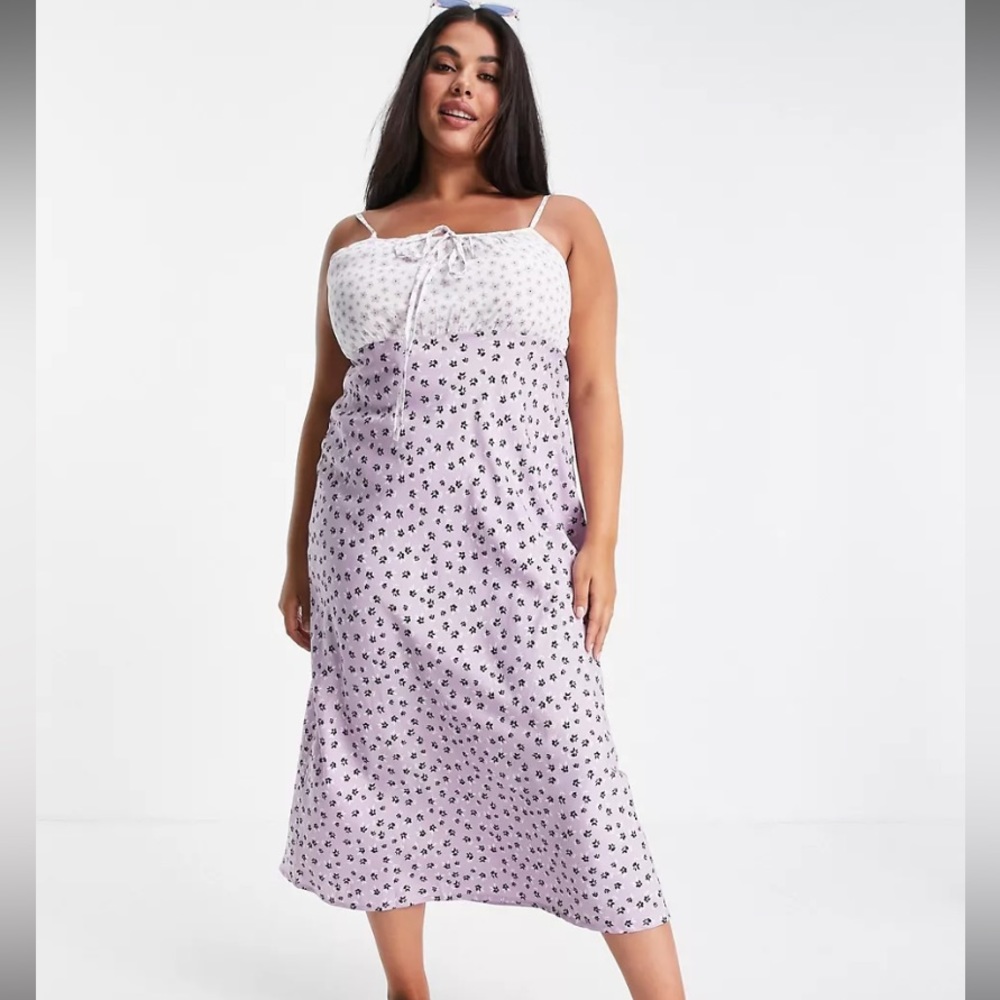 NWT ASOS Influence cami strap midi dress in purple mixed floral print. Size 14